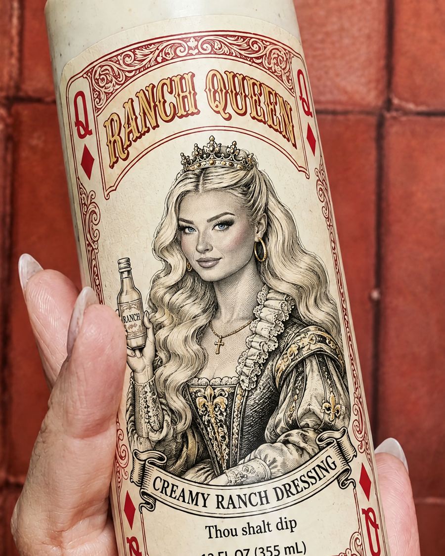 Queen of Diamonds original ranch bottle with a vintage queen-of-diamonds playing-card label