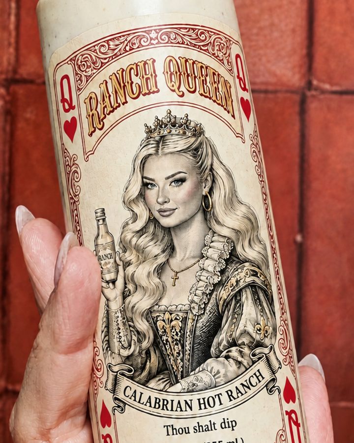 Queen of Hearts Calabrian hot ranch bottle with a queen-of-hearts playing-card label