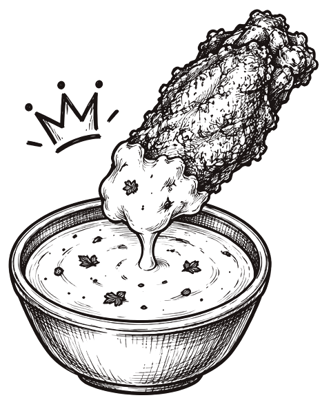 A hand-drawn wing dipping into a bowl of ranch, a little crown drawn above it