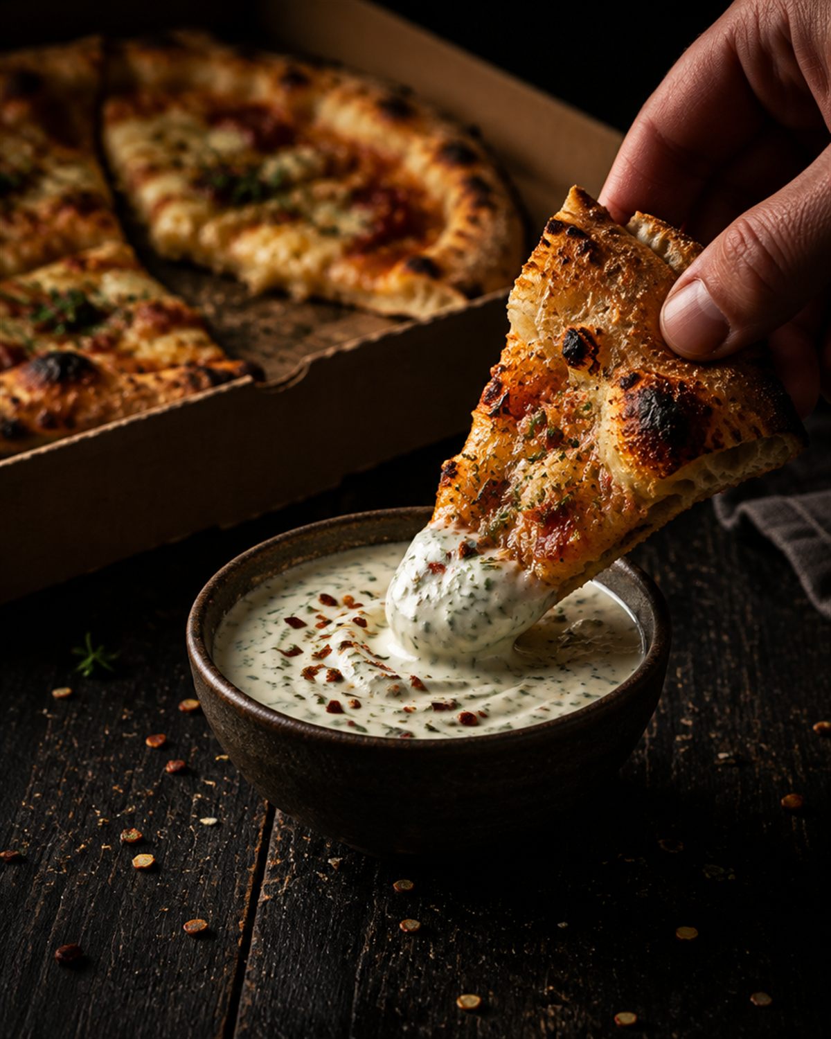 A hand dragging a charred pizza crust through a bowl of thick ranch scattered with chilli flakes, the pizza box behind it
