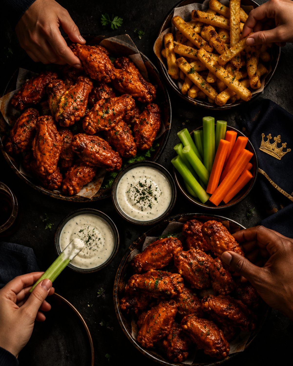 Four hands reaching across a game-day spread of wings, fries, celery, carrots and two bowls of ranch, one dunking a celery stick